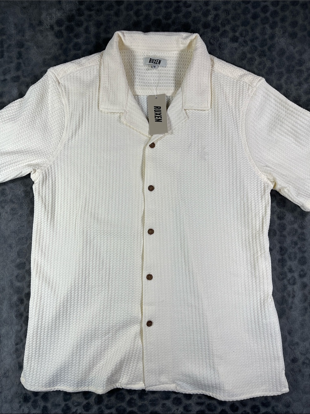 Ruxen Waffle-Knit Short-Sleeve Button-Down Shirt in Cream NEWWITHTAGS